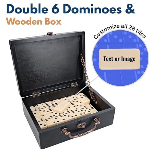 WE Games Custom Double 6 Dominoes in Engraved Black Stained Wooden Treasure Box Dominoes Set for Adults Ivory Color Double Six Domino Classic Board Games Tile Games Personalized Domino Gift - Image 5