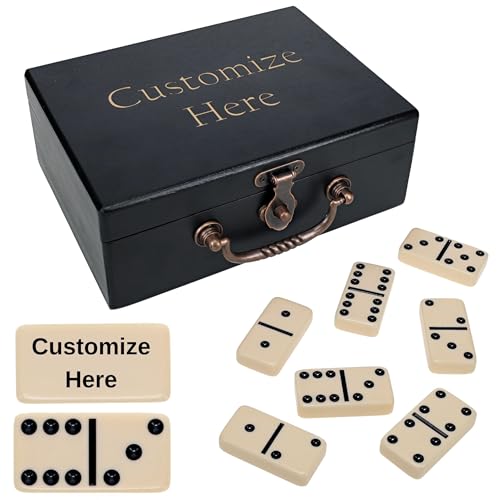 WE Games Custom Double 6 Dominoes in Engraved Black Stained Wooden Treasure Box Dominoes Set for Adults Ivory Color Double Six Domino Classic Board Games Tile Games Personalized Domino Gift - Image 1