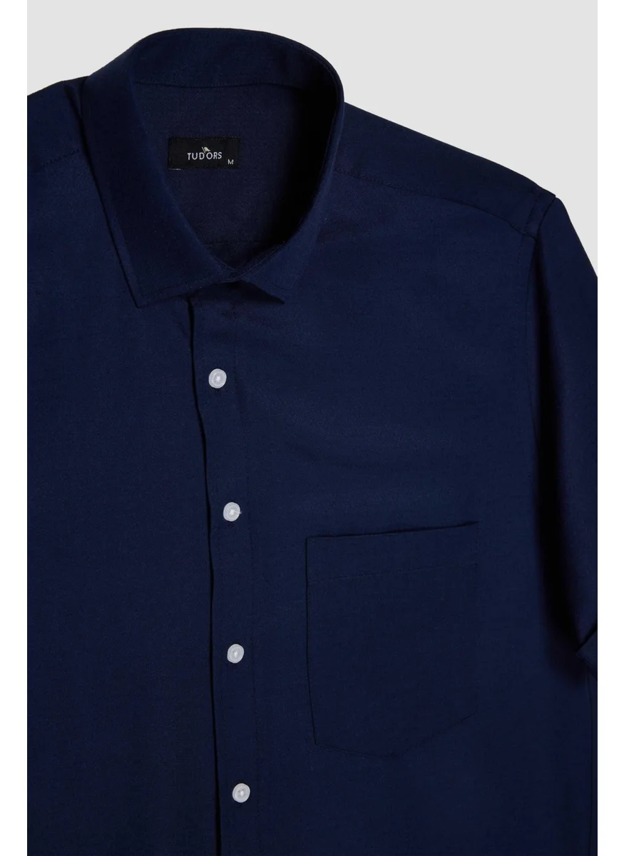 Tudors Classic Fit Short Sleeve Tie Holder Cotton Dobby Navy Blue Summer Shirt