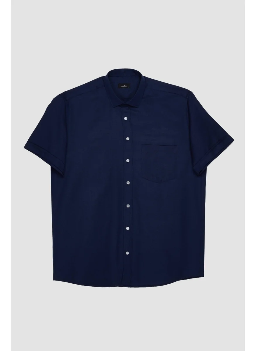 Tudors Classic Fit Short Sleeve Tie Holder Cotton Dobby Navy Blue Summer Shirt
