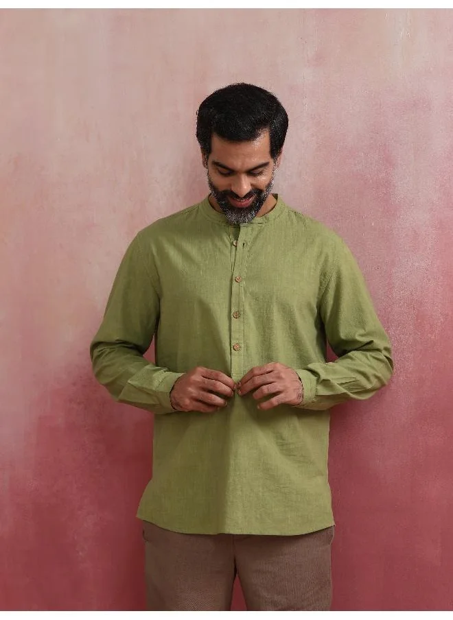 trueBrowns Men's Pista Green Cotton Mandarin Collar Stylized Kurta