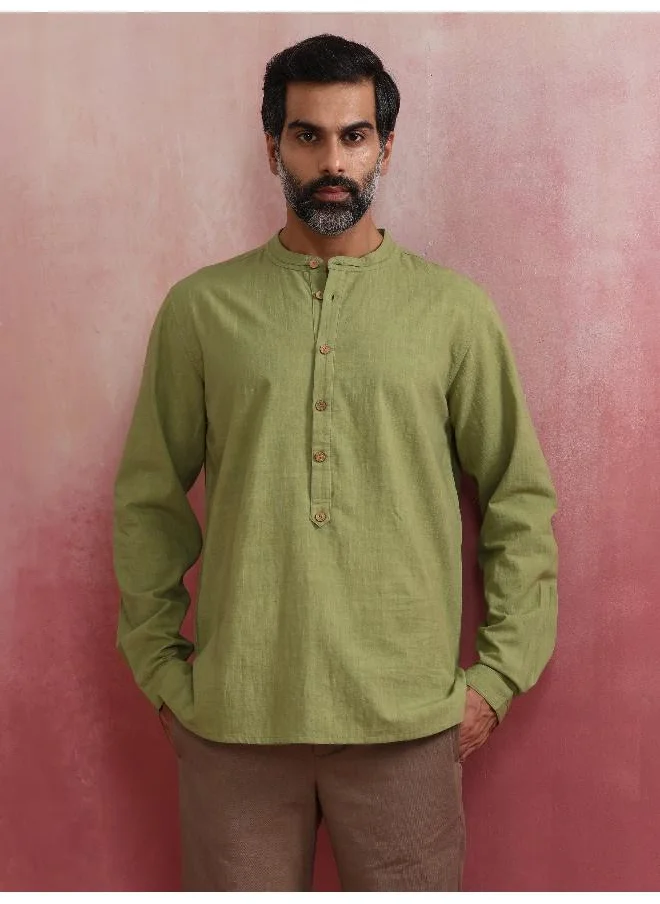 trueBrowns Men's Pista Green Cotton Mandarin Collar Stylized Kurta