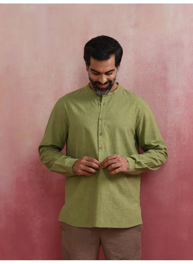 ترو برونز Men's Pista Green Cotton Mandarin Collar Stylized Kurta