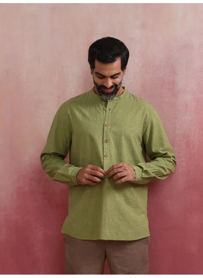 ترو برونز Men's Pista Green Cotton Mandarin Collar Stylized Kurta