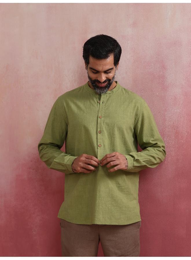 ترو برونز Men's Pista Green Cotton Mandarin Collar Stylized Kurta - Image 2