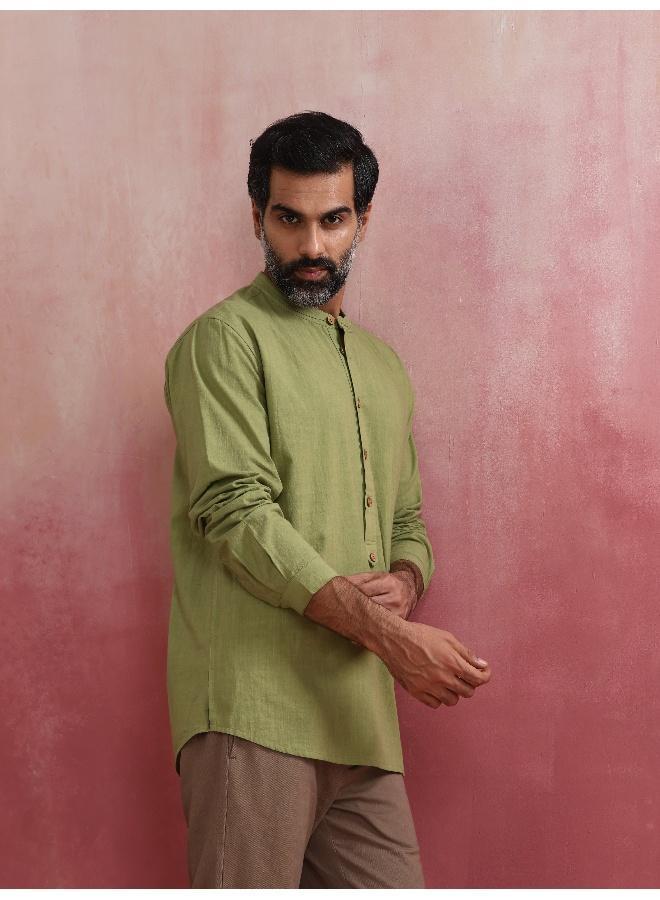 ترو برونز Men's Pista Green Cotton Mandarin Collar Stylized Kurta - Image 3