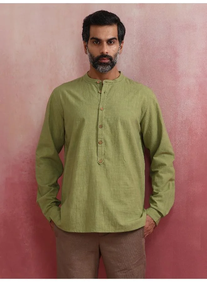 ترو برونز Men's Pista Green Cotton Mandarin Collar Stylized Kurta