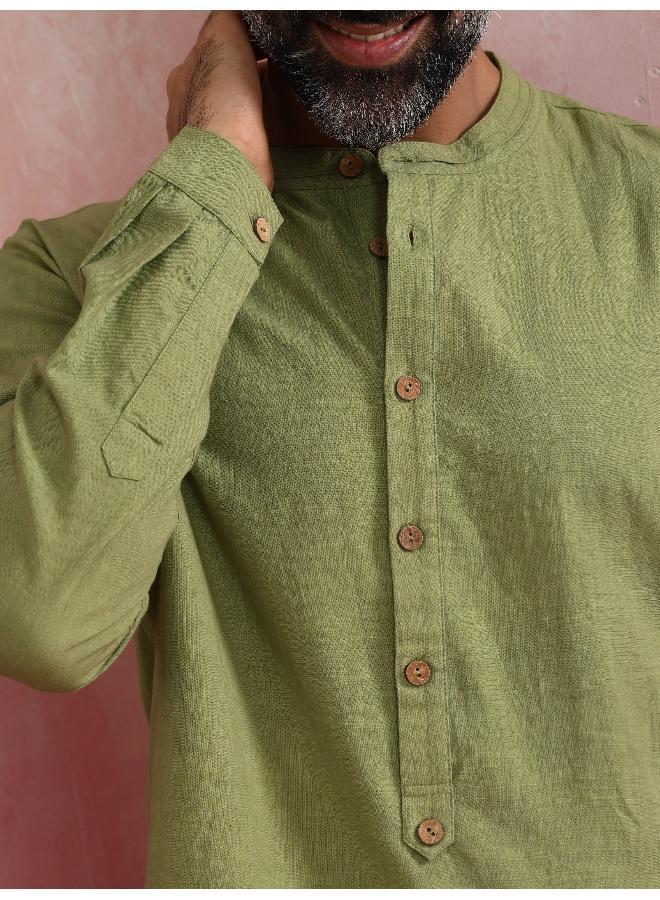 ترو برونز Men's Pista Green Cotton Mandarin Collar Stylized Kurta - Image 5