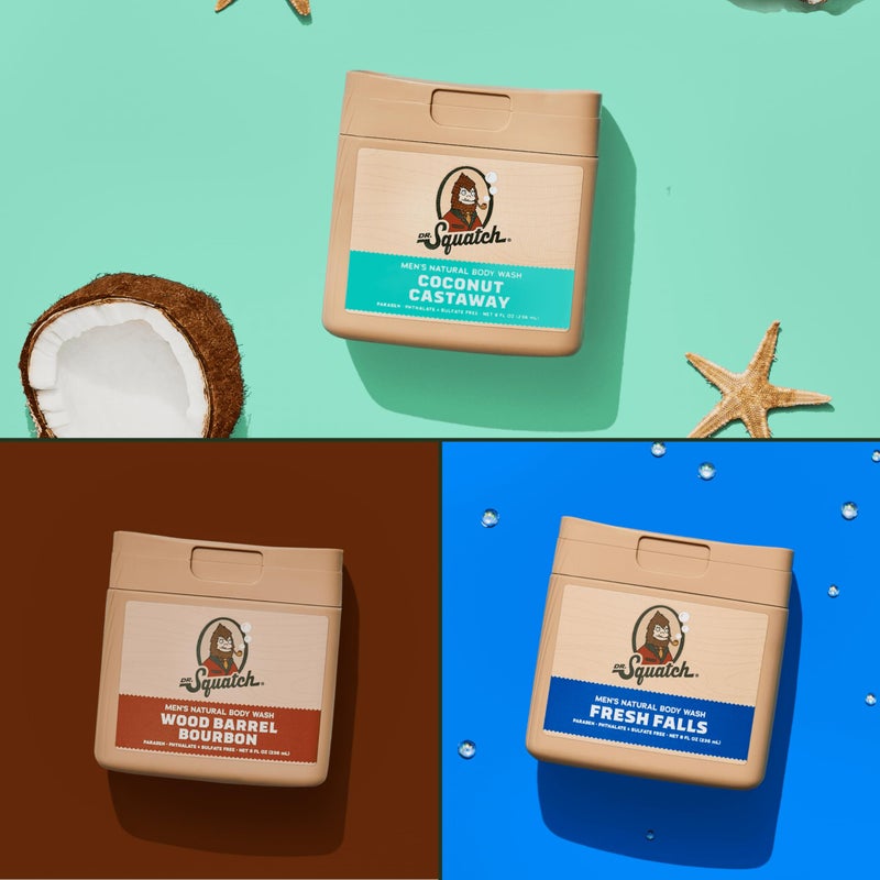 Dr. Squatch NEW Body Wash for Men with Nourishing, Natural Ingredients | No Paraben, Phthalate, Sulfate | All Day Moisturization | Wood Barrel Bourbon, Fresh Falls & Coconut Castaway (8 oz, 3-Pack) - Image 5