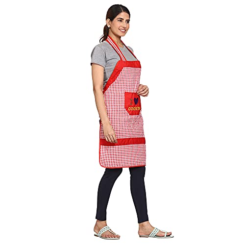 JMi Cotton Checkered Fabric Waterproof Apron with Long Ties and multipurpose Front Large pocket For Cooking Dusting Home Kitchen Restaurant for Men & Women Unisex. Pack of 2 (Blue & Red) - Image 5
