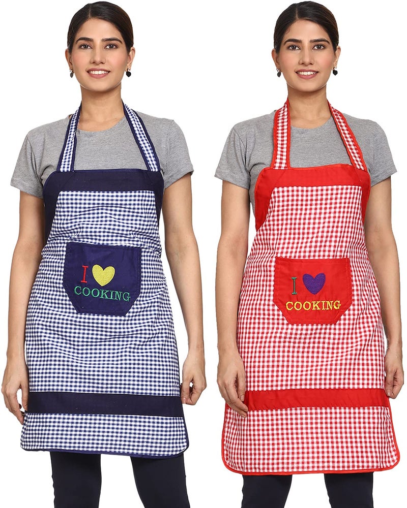 JMi Cotton Checkered Fabric Waterproof Apron with Long Ties and multipurpose Front Large pocket For Cooking Dusting Home Kitchen Restaurant for Men & Women Unisex. Pack of 2 (Blue & Red) - Image 1