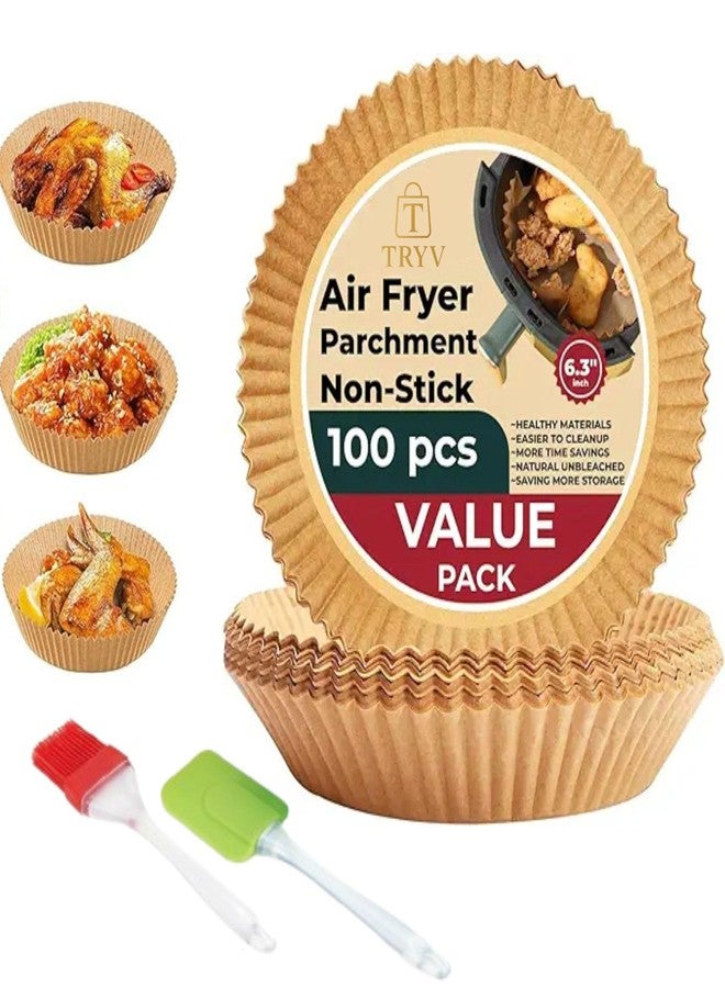 TRYV 100 PCS Air Fryer Parchment Paper Liners (6.3 Inch) Non-Stick & Unbleached | Round Food-Grade Air Fryer Sheets with Silicone Brush & Spatula | Easy Cleanup for Baking, Frying & Cooking - Image 1