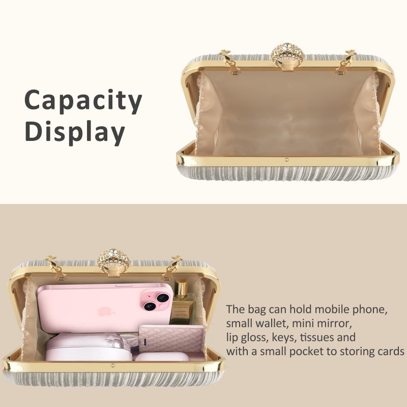 PACETAP Women's Evening Bag Pleated Satin Clutch Purse, Mini Pleated Seashell Evening Clutch Handbag Pearl Chain Strap Cross-body Bag for Wedding Party Prom Dinner - Image 5