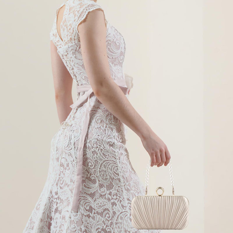 PACETAP Women's Evening Bag Pleated Satin Clutch Purse, Mini Pleated Seashell Evening Clutch Handbag Pearl Chain Strap Cross-body Bag for Wedding Party Prom Dinner - Image 2
