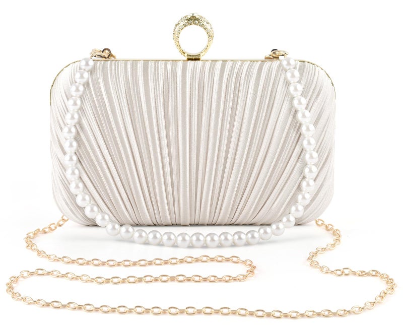 PACETAP Women's Evening Bag Pleated Satin Clutch Purse, Mini Pleated Seashell Evening Clutch Handbag Pearl Chain Strap Cross-body Bag for Wedding Party Prom Dinner - Image 1