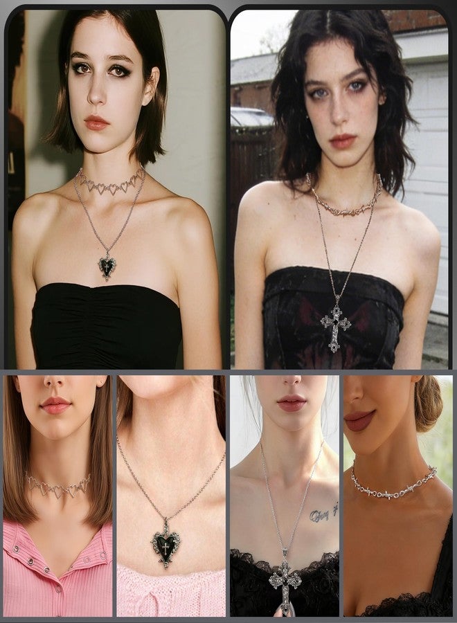 Fscwlmon 10PCS Layered Grunge Y2K Goth Necklace Set for Women Men Gothic Cross Thorns Butterfly Goth Heart Feather Choker Vintage Grunge Witchy Alternative Jewelry Y2K Alt Emo Scene Accessory Gift JJ - Image 2