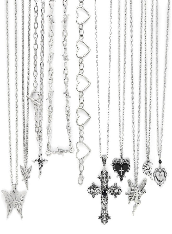 Fscwlmon 10PCS Layered Grunge Y2K Goth Necklace Set for Women Men Gothic Cross Thorns Butterfly Goth Heart Feather Choker Vintage Grunge Witchy Alternative Jewelry Y2K Alt Emo Scene Accessory Gift JJ - Image 1