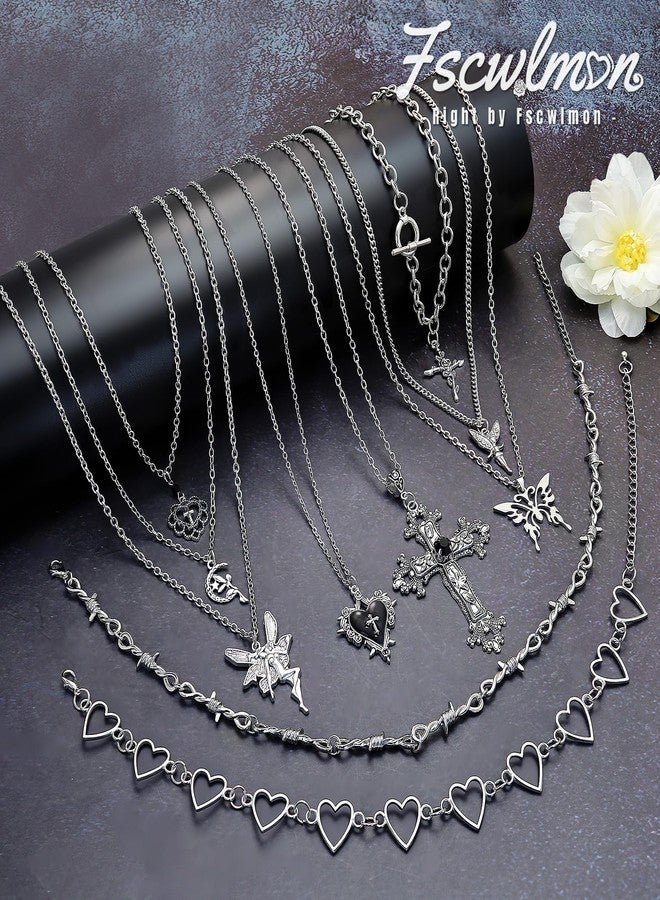 Fscwlmon 10PCS Layered Grunge Y2K Goth Necklace Set for Women Men Gothic Cross Thorns Butterfly Goth Heart Feather Choker Vintage Grunge Witchy Alternative Jewelry Y2K Alt Emo Scene Accessory Gift JJ - Image 3