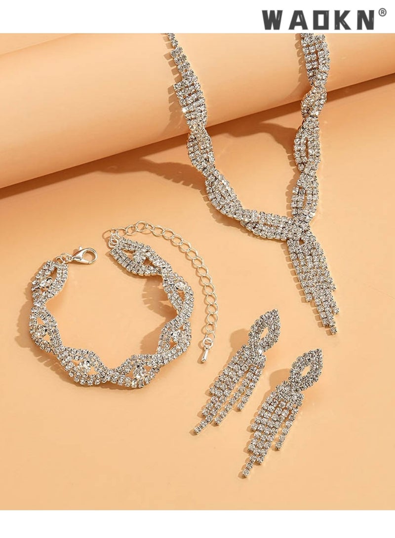 WAOKN 3 Pcs Jewelry Set Necklace Bracelet and Earrings Set Full Diamond V Neck Necklace Crystal Earrings Wedding Bridal Bridesmaid Costume Jewelry Set for Women and Girls Dress Accessories - Image 1
