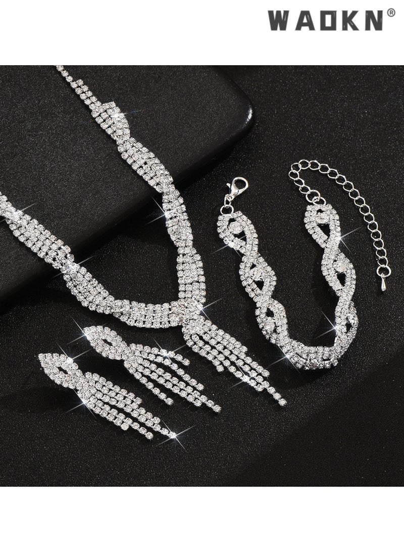 WAOKN 3 Pcs Jewelry Set Necklace Bracelet and Earrings Set Full Diamond V Neck Necklace Crystal Earrings Wedding Bridal Bridesmaid Costume Jewelry Set for Women and Girls Dress Accessories - Image 5