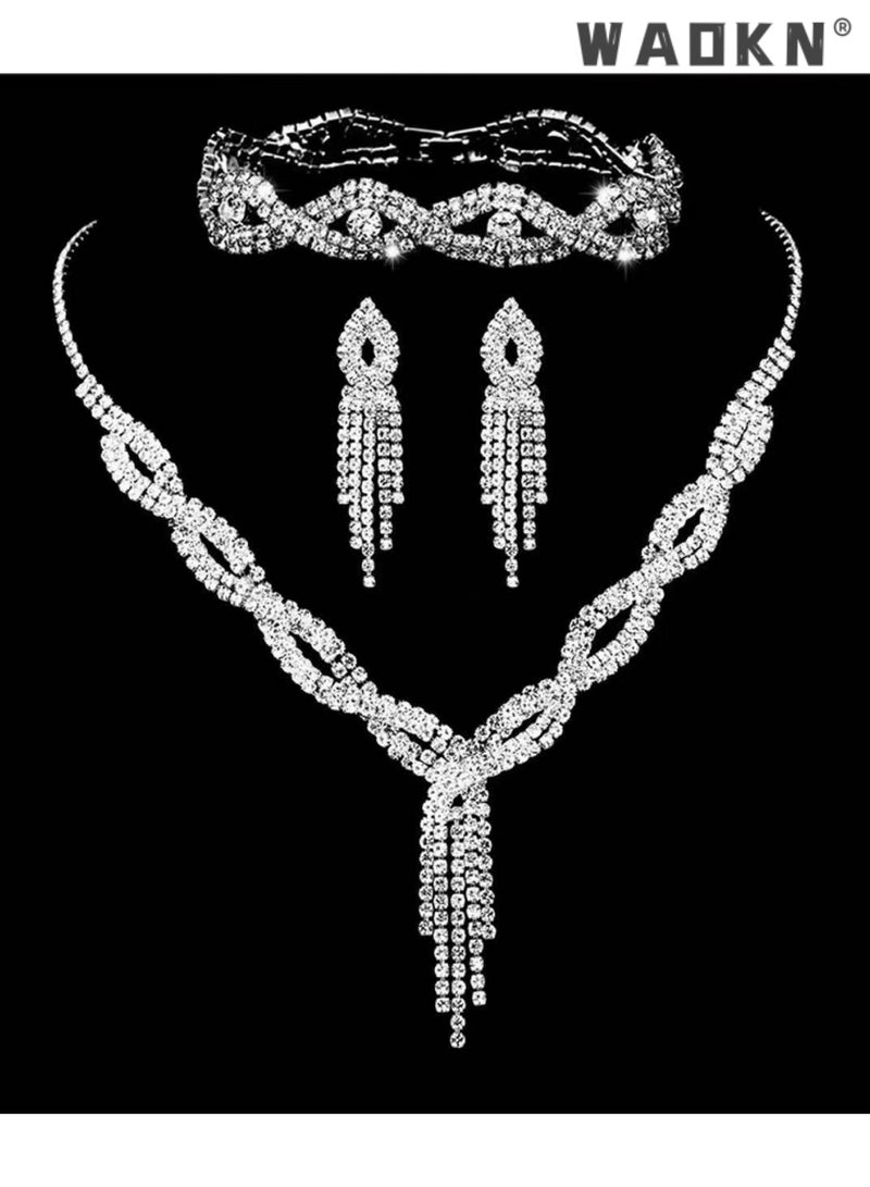 WAOKN 3 Pcs Jewelry Set Necklace Bracelet and Earrings Set Full Diamond V Neck Necklace Crystal Earrings Wedding Bridal Bridesmaid Costume Jewelry Set for Women and Girls Dress Accessories - Image 3