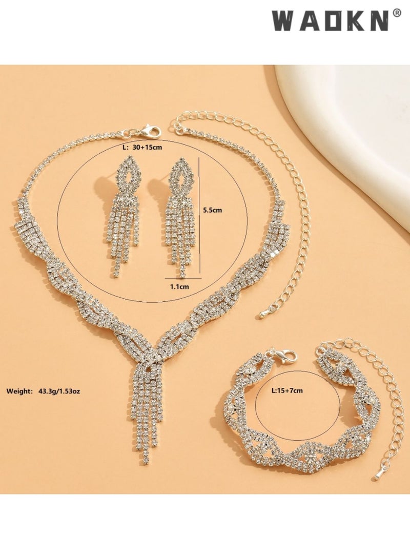 WAOKN 3 Pcs Jewelry Set Necklace Bracelet and Earrings Set Full Diamond V Neck Necklace Crystal Earrings Wedding Bridal Bridesmaid Costume Jewelry Set for Women and Girls Dress Accessories - Image 2