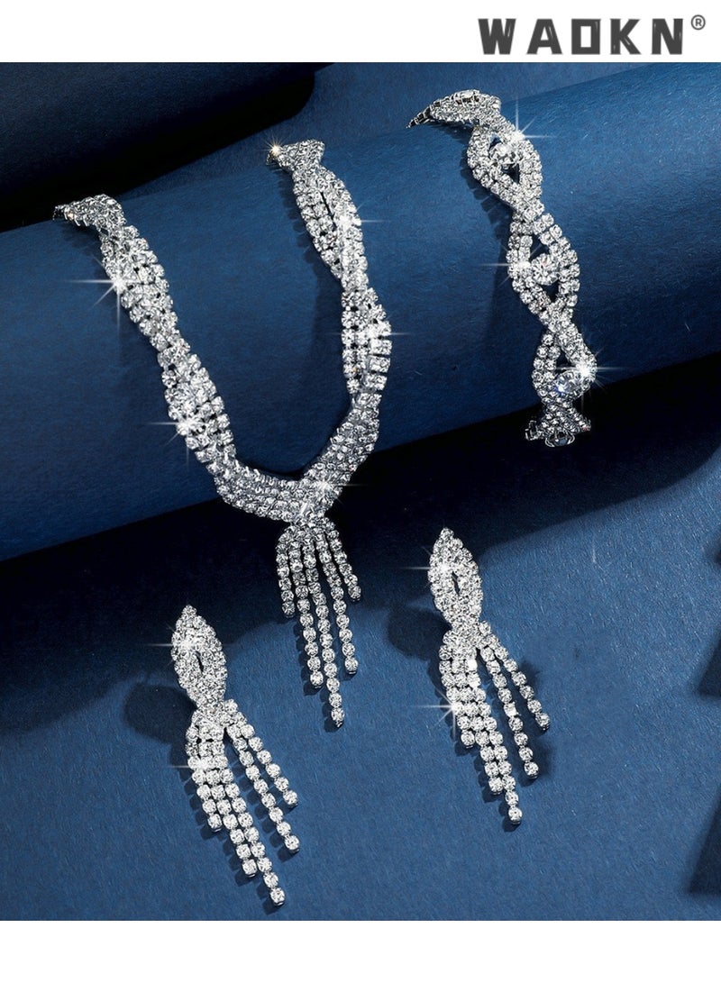 WAOKN 3 Pcs Jewelry Set Necklace Bracelet and Earrings Set Full Diamond V Neck Necklace Crystal Earrings Wedding Bridal Bridesmaid Costume Jewelry Set for Women and Girls Dress Accessories - Image 4