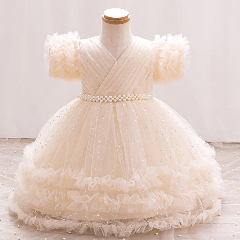 Girls Fungus Sleeve Starlight Dot Print Dress Baby Fluffy Gauze First Birthday Party Flower Girl Princess Dress Champagne color