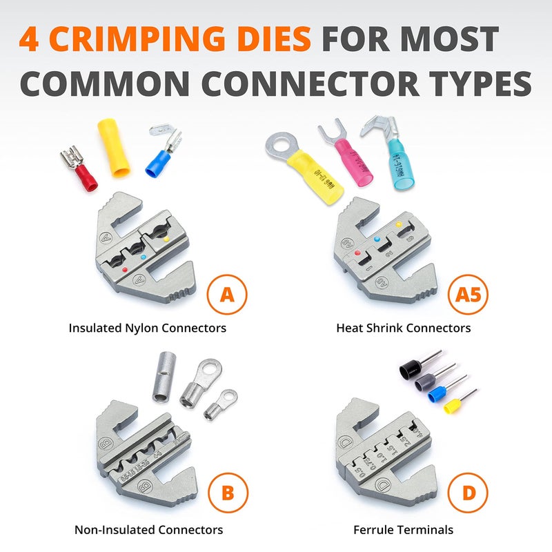 Wirefy Wire Crimping Tool Kit | Crimpers & 4 Slide in Dies | Ratcheting Wire Crimper Tool | Terminal Crimp Pliers | for Heat Shrink, Nylon, Non-Insulated, Insulated Connectors, Ferrule Terminals - Image 2