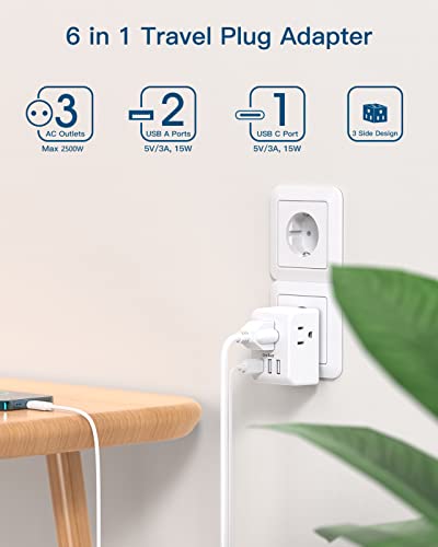 One Beat محول السفر الأوروبي 2 حزمة، محول طاقة دولي مع 3 مآخذ و 3 منافذ شحن USB (1 USB C)، محول نوع C لأساسيات السفر إلى معظم دول أوروبا مثل إسبانيا وإيطاليا وفرنسا وألمانيا - Image 2