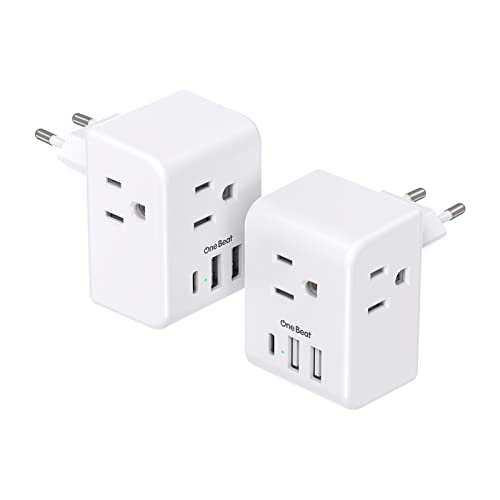One Beat محول السفر الأوروبي 2 حزمة، محول طاقة دولي مع 3 مآخذ و 3 منافذ شحن USB (1 USB C)، محول نوع C لأساسيات السفر إلى معظم دول أوروبا مثل إسبانيا وإيطاليا وفرنسا وألمانيا - Image 4