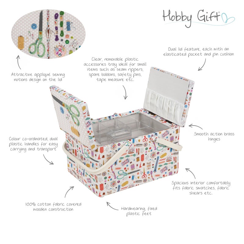 Hobby Gift Large Twin Lid Sewing Box Craft Storage Box with Handle Internal Tray Pin Cushion and Pockets for Sewing Knitting and Hobby Supplies - Image 4