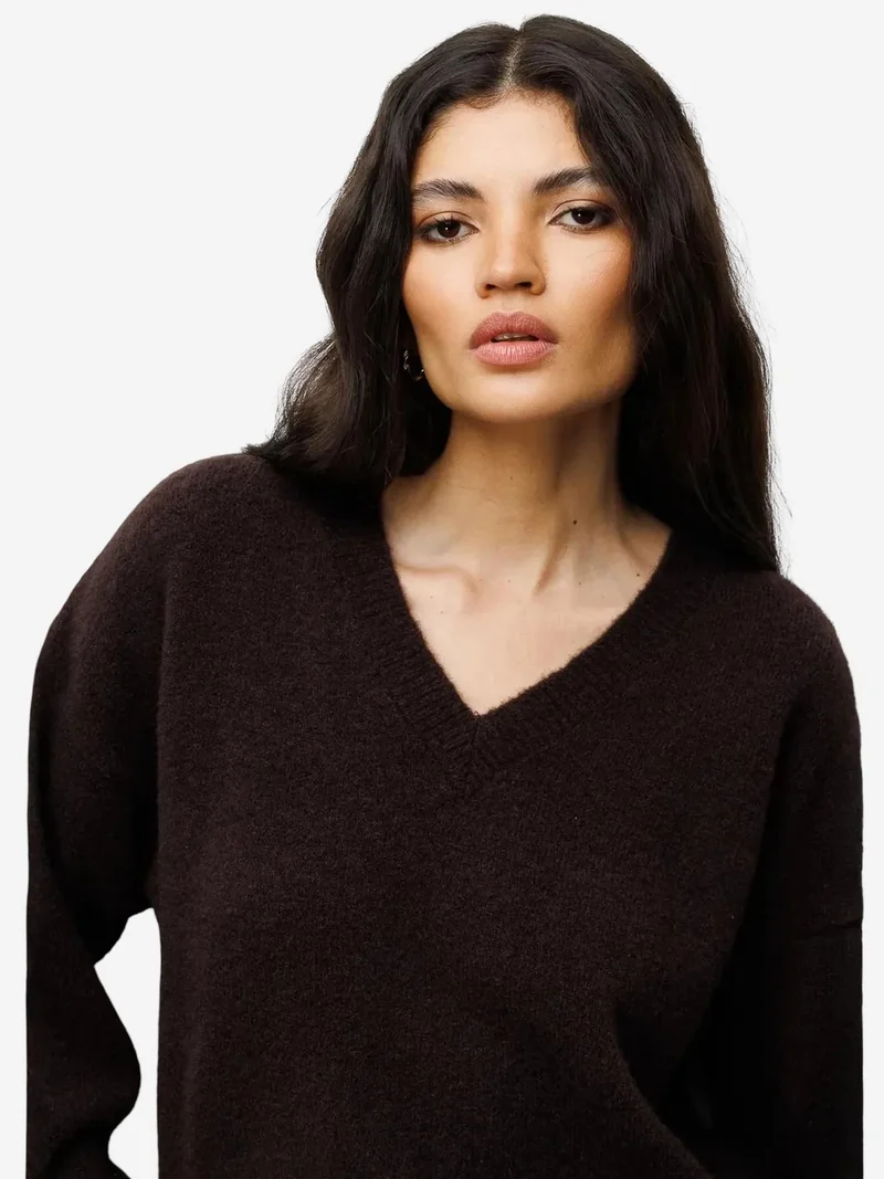 Mixray Coffee Brown MIXRAY V-Neck Long Sleeve Sweater for Women | Best Price UAE