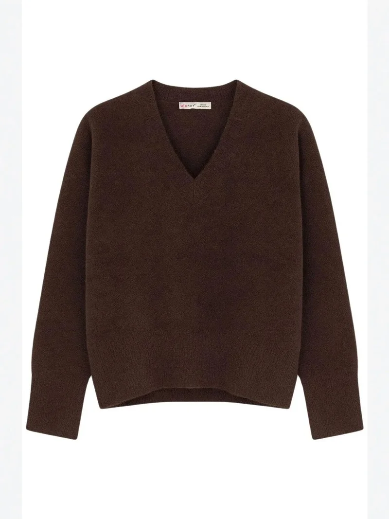 Mixray Coffee Brown MIXRAY V-Neck Long Sleeve Sweater for Women | Best Price UAE