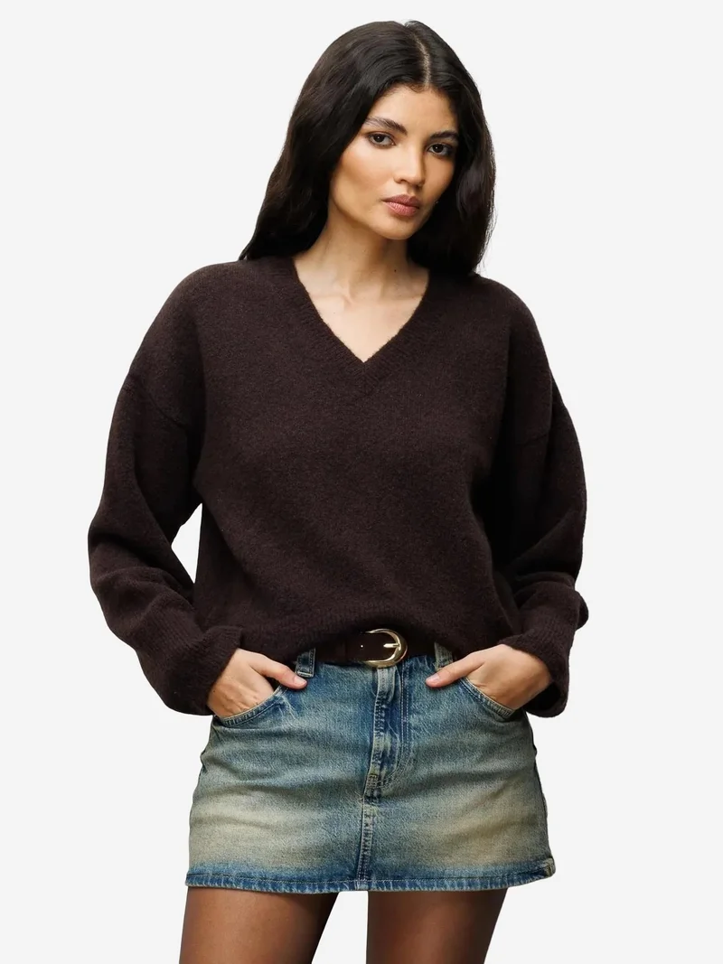 Mixray Coffee Brown MIXRAY V-Neck Long Sleeve Sweater for Women | Best Price UAE