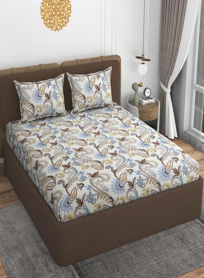 VOMZER 350 TC Cotton Feel All Around Elastic Fitted Bedsheets King Size, Premium Elastic Fitted King Size Bed Sheet for Double Bed with 2 Pillow Covers, Size- 78” x 72” (Cream Traingle) Floral - Image 2