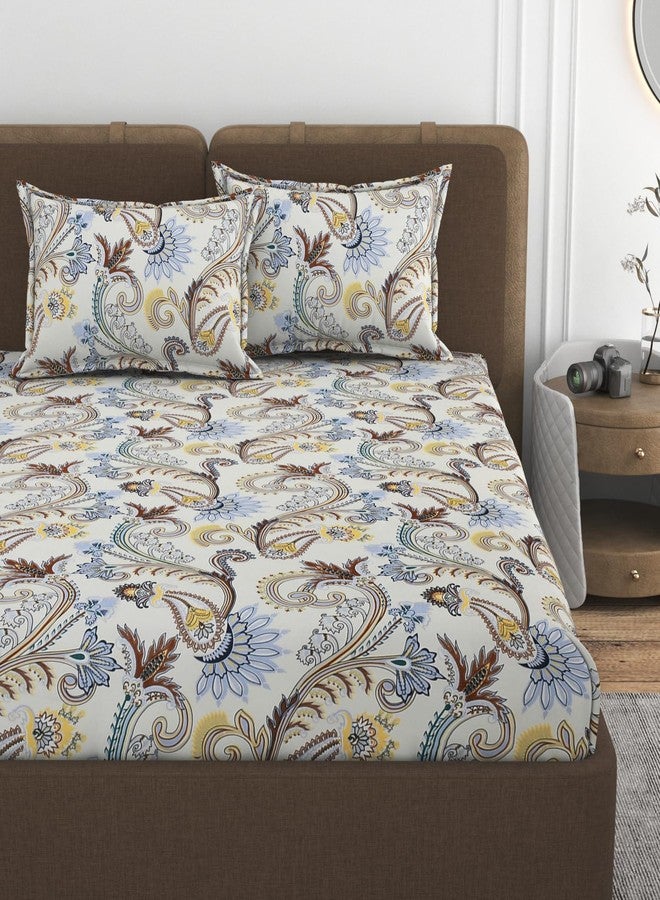 VOMZER 350 TC Cotton Feel All Around Elastic Fitted Bedsheets King Size, Premium Elastic Fitted King Size Bed Sheet for Double Bed with 2 Pillow Covers, Size- 78” x 72” (Cream Traingle) Floral - Image 1