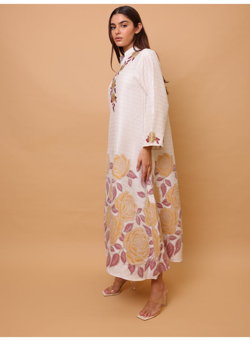 IKKXA Beautiful Design Printed Jalabiya Big Flowers Details IK6023 Red - Image 3