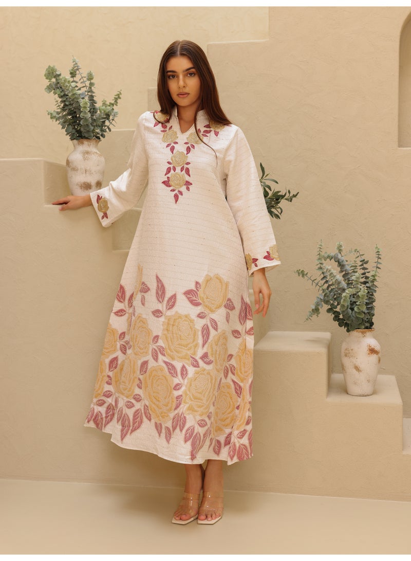 IKKXA Beautiful Design Printed Jalabiya Big Flowers Details IK6023 Red - Image 1