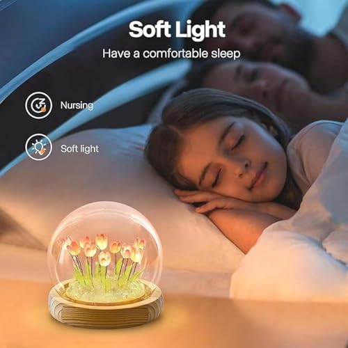 FLYNGO Glass Wireless Romantic Night Light for Bedroom, LED Decoration Night Lamp for Home Decor & Gifting, Tulip Flower Table Lamp, Battery Powered, 9 DIY Flowers Soft Pink Glow (Pink Tulip) - Image 2