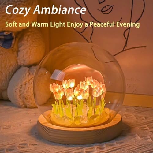 FLYNGO Glass Wireless Romantic Night Light for Bedroom, LED Decoration Night Lamp for Home Decor & Gifting, Tulip Flower Table Lamp, Battery Powered, 9 DIY Flowers Soft Pink Glow (Pink Tulip) - Image 4