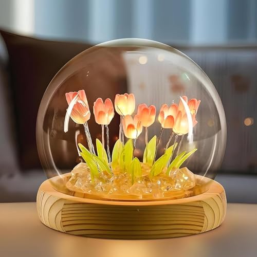 FLYNGO Glass Wireless Romantic Night Light for Bedroom, LED Decoration Night Lamp for Home Decor & Gifting, Tulip Flower Table Lamp, Battery Powered, 9 DIY Flowers Soft Pink Glow (Pink Tulip) - Image 1