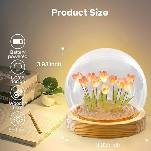 FLYNGO Glass Wireless Romantic Night Light for Bedroom, LED Decoration Night Lamp for Home Decor & Gifting, Tulip Flower Table Lamp, Battery Powered, 9 DIY Flowers Soft Pink Glow (Pink Tulip) - Image 3