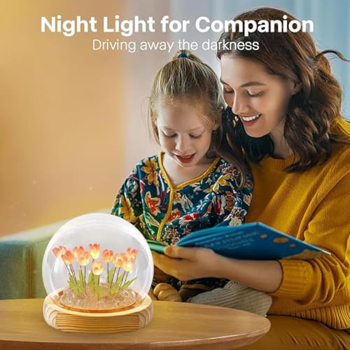 FLYNGO Glass Wireless Romantic Night Light for Bedroom, LED Decoration Night Lamp for Home Decor & Gifting, Tulip Flower Table Lamp, Battery Powered, 9 DIY Flowers Soft Pink Glow (Pink Tulip) - Image 5
