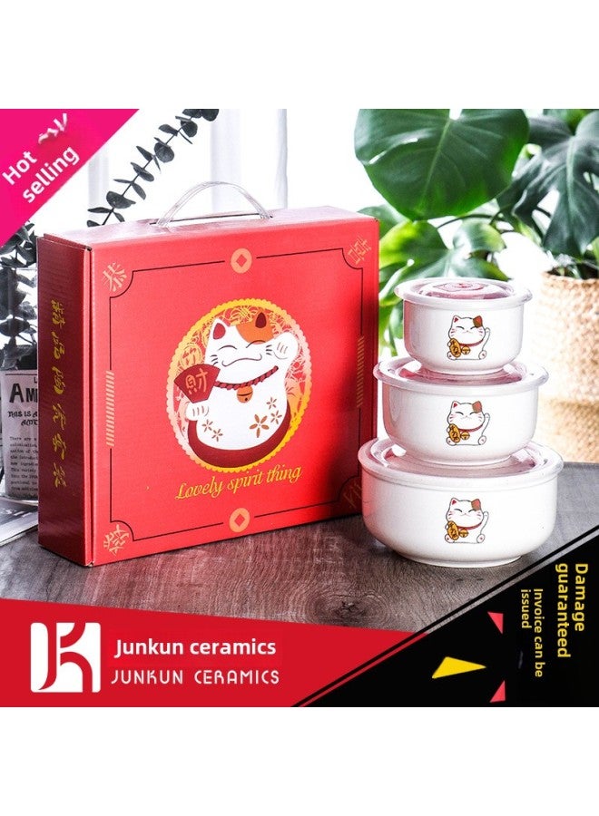 Year Of The Snake Gift Bowl Printed Cartoon Ceramic Fresh-keeping Bowl Three-piece Cartoon Sealed Bowl Wedding Gift Tableware Suit-Specifications:Lucky Cat-Color:Large Single Color Box (48 Or 20 Sets Per Box) - Image 1