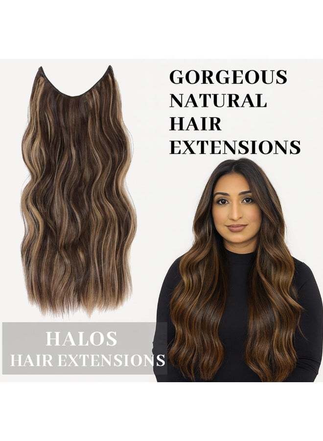 HZYH Invisible Wire Hair Extensions with Transparent Headband, Adjustable Size, 4 Clips, Long Wavy Secret Hairpiece 16 Inch Chestnut Brown Blonde Highlights for Women - Image 4