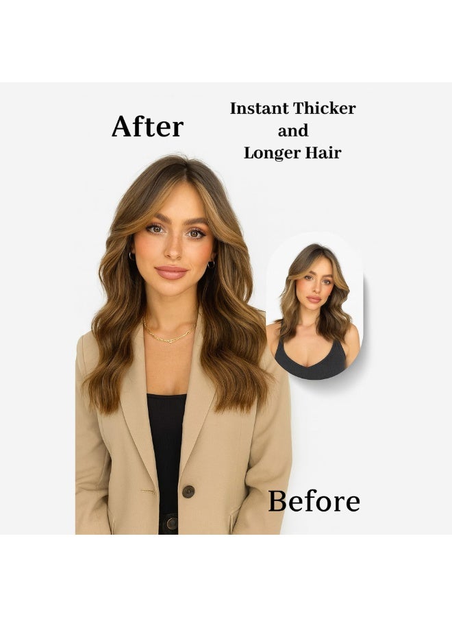 HZYH Invisible Wire Hair Extensions with Transparent Headband, Adjustable Size, 4 Clips, Long Wavy Secret Hairpiece 16 Inch Chestnut Brown Blonde Highlights for Women - Image 3