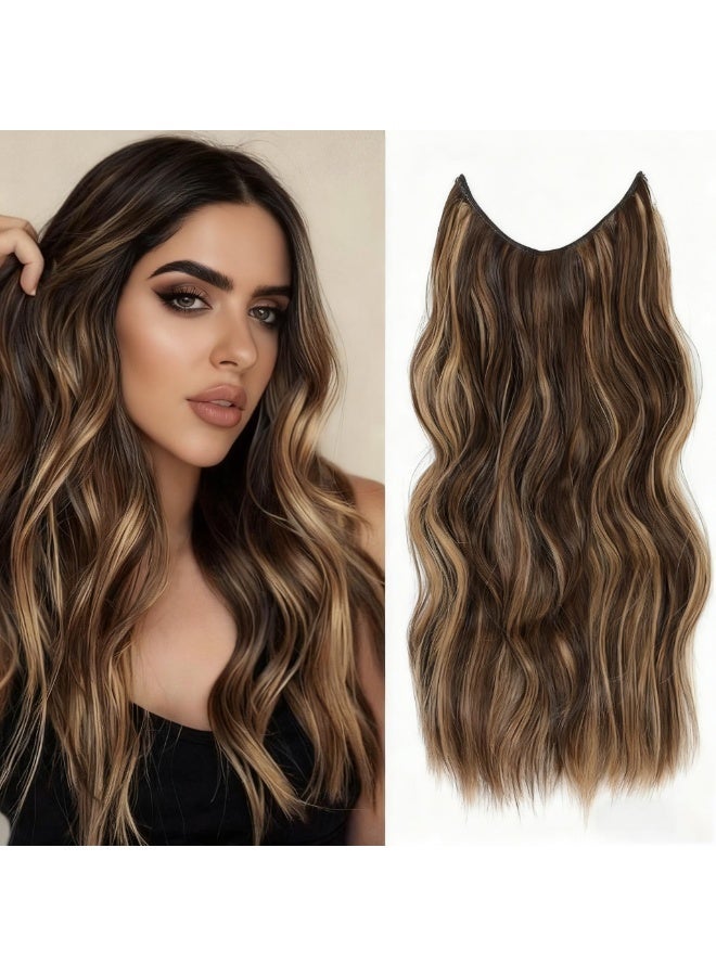 HZYH Invisible Wire Hair Extensions with Transparent Headband, Adjustable Size, 4 Clips, Long Wavy Secret Hairpiece 16 Inch Chestnut Brown Blonde Highlights for Women - Image 1