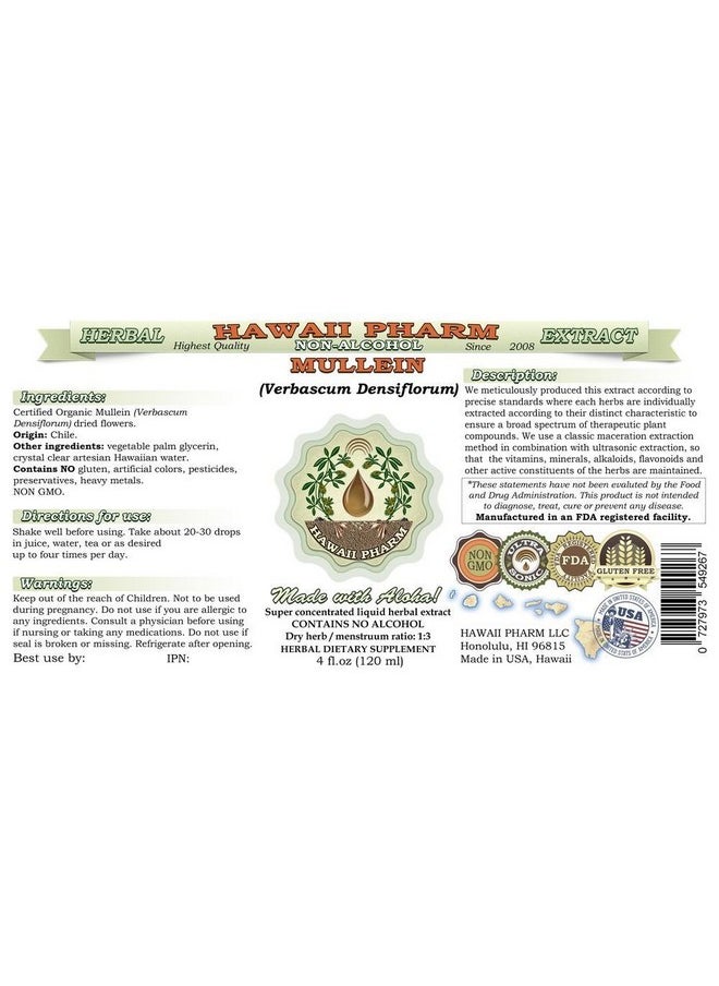 HawaiiPharm - Mullein Alcoholfree Liquid Extract Organic Mullein (Verbascum Densiflorum) Dried Flower Glycerite Natural Herbal Supplement Hawaii Pharm Usa 2 Oz - Image 1