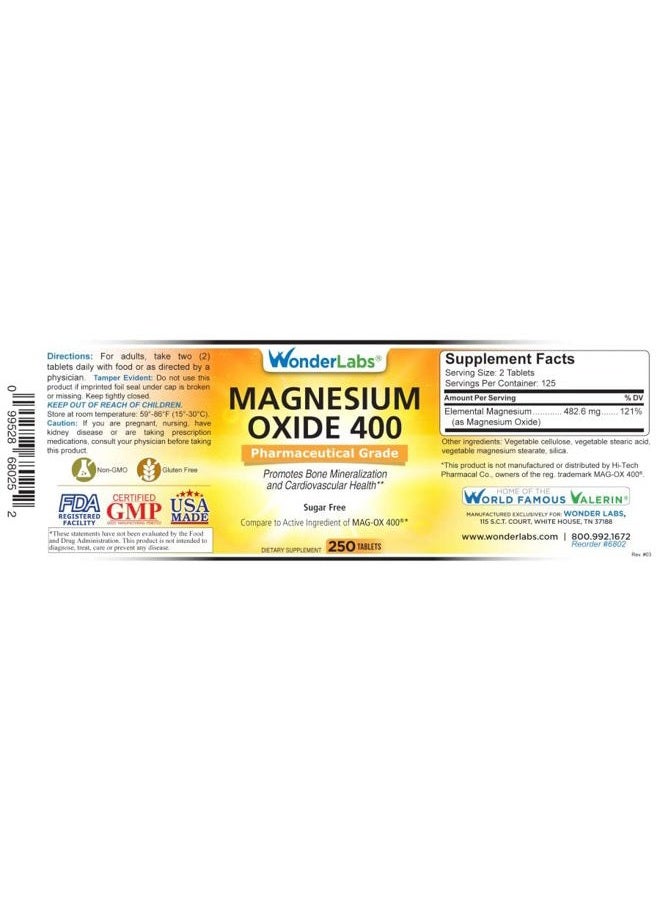 Wonder Laboratories Wonder Labs Magnesium Oxide 400, 483mg of Magnesium Oxide Pharmaceutical Grade** Compare to MAG-OX 400 ® - 250 Tablets - Image 4